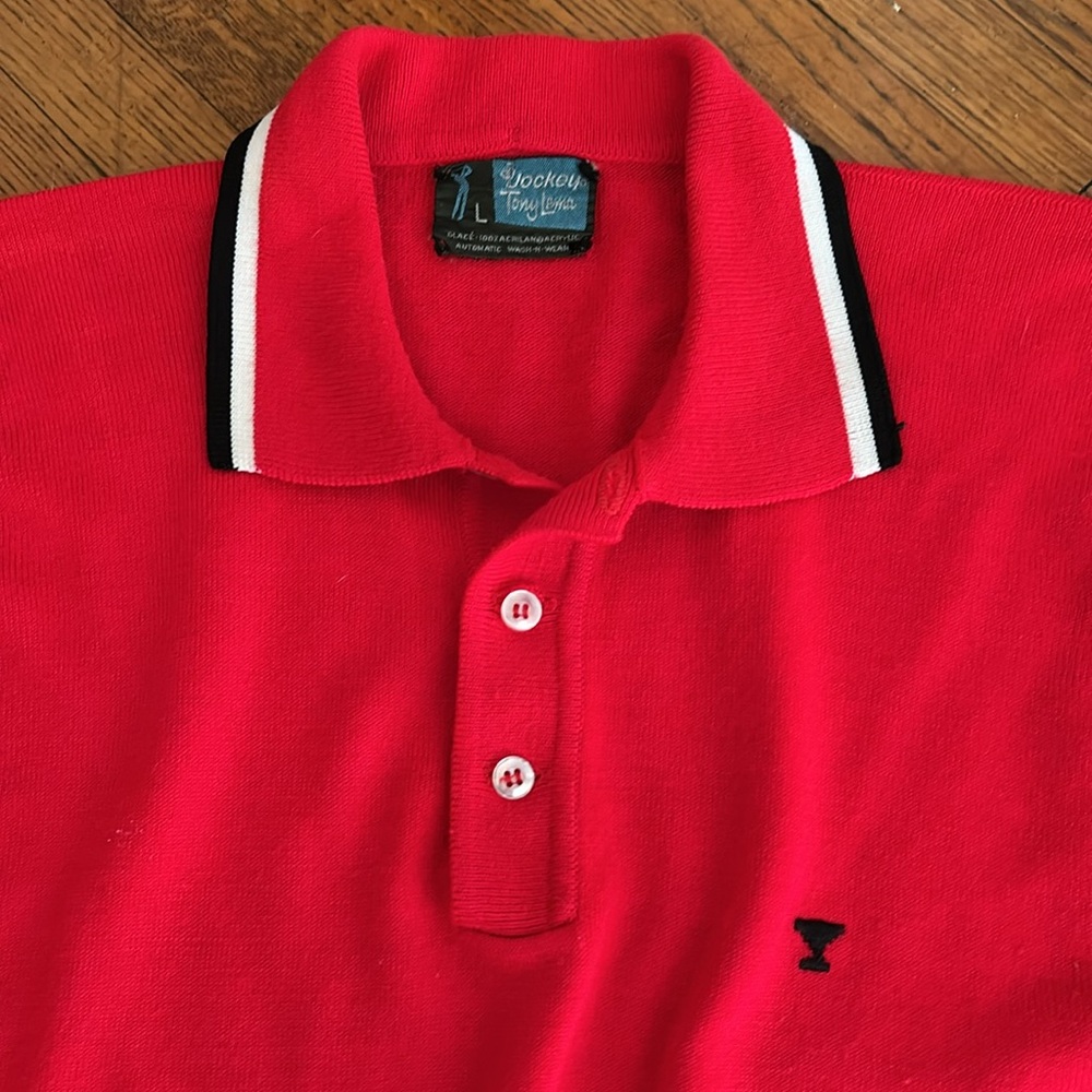 Vintage Knit Polo Shirt with Stripe Collar & Martini Glass Logo - Mad Men